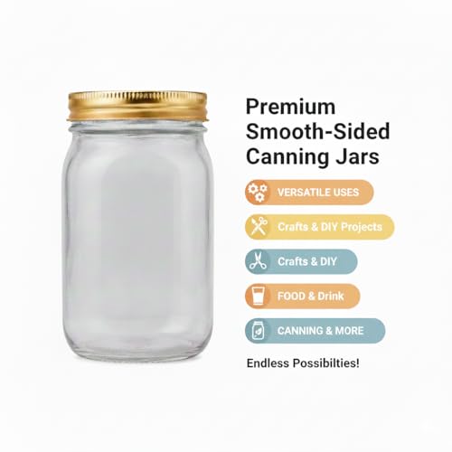 Simple Life Wide Mouth Pint Mason Jars 16oz – 6 Pack American Made Glass Canning Jars, 80mm Wide Mouth, Smooth Sided for Canning, Food Storage, Crafts & Pantry Organization (Lids & Bands Included)