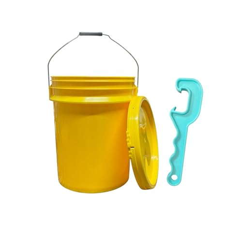 5 Gallon Yellow Bucket Pail Container with Lid – Food Grade, BPA Free – Heavy-Duty – Metal Handles with Plastic Grip – Multi-Purpose Storage – Easy to Stack & Store – 1 Pack + Opener Tool - size: 5 Gallon