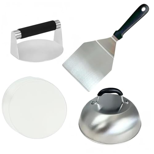 Burger Press Kit with Burger Smasher, 12'' Smash Burger Spatula, 9'' Basting Cover, & 50 Patty Papers for Smash Burgers, Hamburger Press Patty Maker, Smash Burger Press Kit (4pcs)