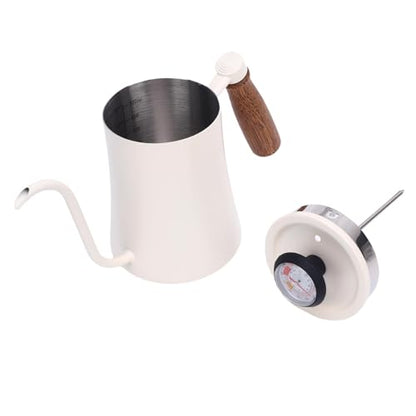 Pour Over Kettle with Thermometer, 304 Stainless Steel Drip Kettle 600ML, Long Spout Precise Control Wood Handle, for Home Coffee Tea Brewing Barista Use (White) - color: White
