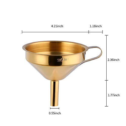 Stainless Steel Wide Mouth Funnels with Detachable Strainer, 5-inch Funnel for Filling Small Bottles and Jars, Cooking Oil and Transmission Liquid and Powder, Food Grade Metal Kitchen Funnels Gold - color: Gold