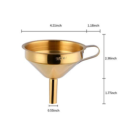 Stainless Steel Wide Mouth Funnels with Detachable Strainer, 5-inch Funnel for Filling Small Bottles and Jars, Cooking Oil and Transmission Liquid and Powder, Food Grade Metal Kitchen Funnels Gold - color: Gold