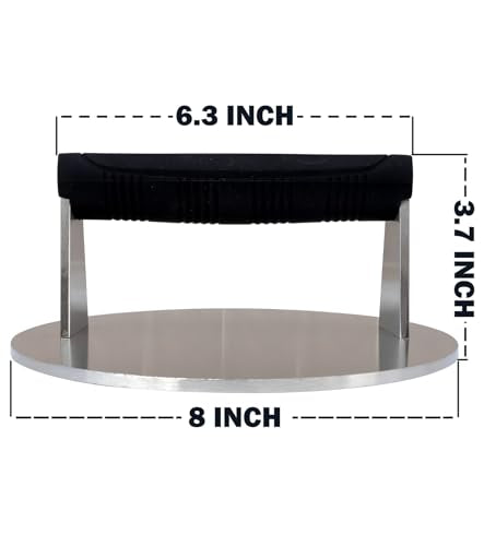 Stainless Steel Burger Smasher 3.25 LB – 8 Inch Steak Weight for Smash Burgers, Bacon, Sandwiches | Dishwasher Safe, Preheatable Protein Press with Silicone Handle | Commercial BBQ Tool - size: Φ8"