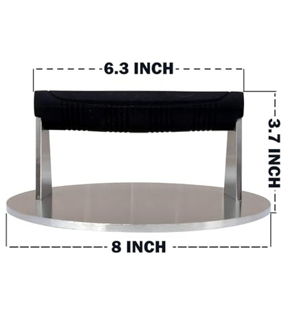Stainless Steel Burger Smasher 3.25 LB – 8 Inch Steak Weight for Smash Burgers, Bacon, Sandwiches | Dishwasher Safe, Preheatable Protein Press with Silicone Handle | Commercial BBQ Tool - size: Φ8"