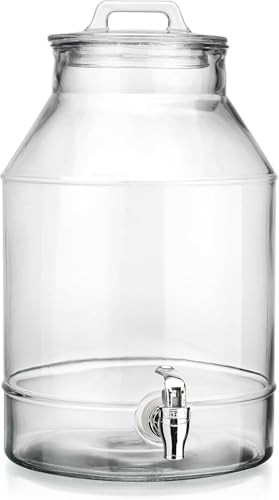 3 Gallon Glass Drink Dispensers For Parties,Classic Mason Jug Beverage Dispensers With Glass Lid With Handle And 100% Leakproof Spigot.Glass Water Jug Dispenser,Lemonade Dispenser - color: Clear-3-Gallon