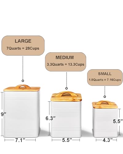 vensovo Kitchen Canister Set of 3 - Large 7 Qt Flour and Sugar Containers Airtight - White Metal Food Storage Jars with Bamboo Lids, Iron Spoon & Erasable Magnetic Labels, Farmhouse Decor for Pantry
