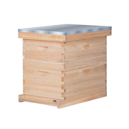 8 Frame Bee Hive, Compelte Bee Hive Starter Kit Includes 1 Deep Brood Honey Bee Hives Box, 1 Medium Super Bee Box with Beehive Frames and Foundation Sheets