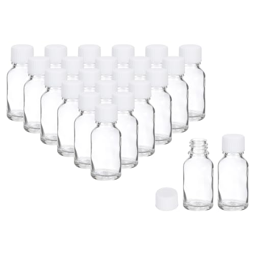 PATIKIL 0.5oz(15ml) Glass Sample Bottles, 24Pcs Round Bottle Dispensing Bottles with White Poly Cone Cap for Reagent Liquids, Juice, Perfume Hot Sauce Ginger Shots, Transparent - color: Clear,White, size: 0.5 oz