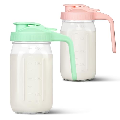 Mason Jar Pitcher, 32 oz Glass Milk Pitcher, Wide Mouth & Leakproof Glass Pitcher with Lid for milk, Sun Tea, Juice, Cold Brew Coffee and Drinks - color: pink+green