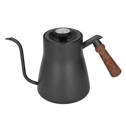 850ml Gooseneck Coffee Kettle with Thermometer, Stainless Steel Pour Over Pot with Wood Handle, Non Slip Bottom, and for Coffee Brewing