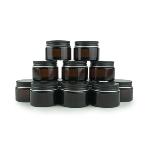 Glass Amber 1oz Jar - 12 Packs, Lead-Free Empty Round Jars For Beauty Products, Lotion, and Powders - Black Lid - Small Candle Jars - size: 1oz