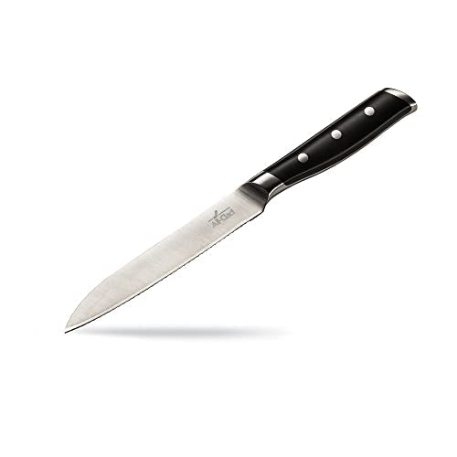 All-Clad Forged German Stainless Steel Serrated Utility Knife 5 Inch, Fully Forged, Expert Precision, Home Kitchen Knife, Cook Tool, Kitchen Tool, Cookware Utensil, Ultra Sharp Knives - color: Silver/Black, size: 5"