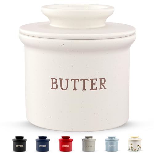 Kook Butter Keeper Dish, French Ceramic Crock For Counter With Lid, Embossed Container, For Soft Butter, Perfect for Chrismas Gift, Home and Kitchen Decor, (Matte Oatmeal) - color: Matte Oatmeal