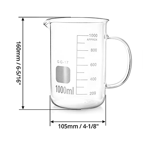 QWORK Beaker with Handle, 1000ml/33.81oz Measuring Cup, Borosilicate Glass,Beaker Mug with Pouring Spout - size: 1000 ml