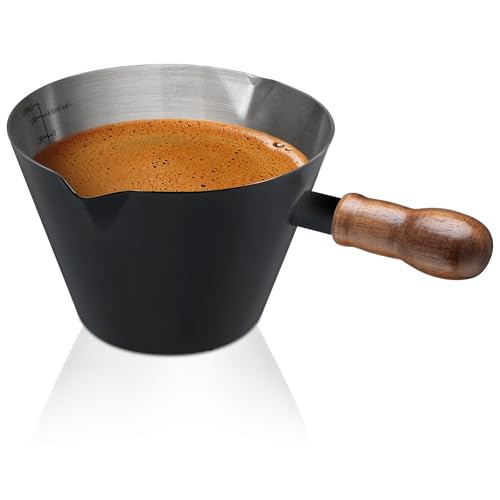 Amrules Espresso Cup, 6.8 oz/200 ml Stainless Steel Coffee Shot Measuring Cup with Wood Handle, Double V-Shaped Mouth and Clear Scale for Cappuccino Barista Coffee Bar Accessories, Black - color: Black, size: 6.8 Ounces