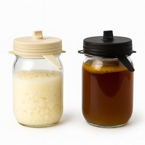 Fermentation Lids for Mason Jars, Silicone Airlock Lids for Sauerkraut, Kimchi & Pickles, Self-Adjusting, Fits Wide & Small Mouth Jars, Starter Kit of 2 (Black & Grey 2.5") - color: Black & Grey 2.5"