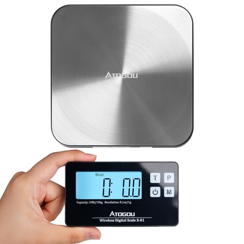 Atogou Food Scale, 33lb Wireless Kitchen Scale with Remote Display, 1g/0.1oz Precise Graduation, Food-Grade 304 Stainless Steel, Digital Food Scale for Cooking, Baking, Postage, Shipping, Black&Silver