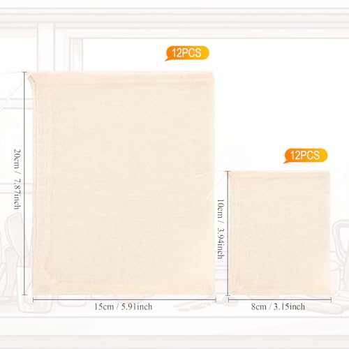 Boao 24 Pcs Spice Cooking Cheesecloth Bags for Straining Reusable Empty Tea Drawstring Soup Muslin Bags(3 x 4 Inch, 6 x 8 Inch) - size: 3 x 4 Inch, 6 x 8 Inch