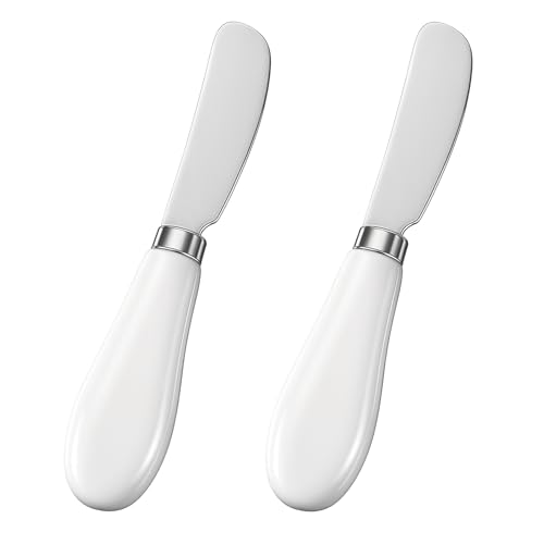Thinp 2 Pcs Cheese Spreader, Butter Spreader Knives Stainless Steel Cheese Spreaders Knives with Porcelain Handles Multipurpose Sandwich Spreaders for Spreading Jam, Pastry (White & Silver)
