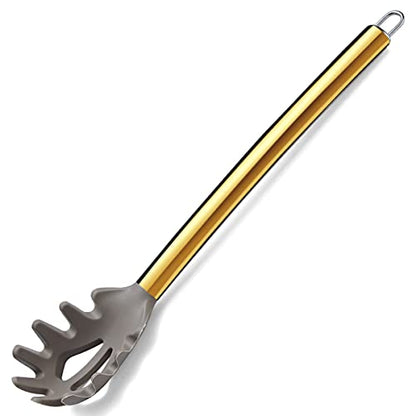 Gold Spaghetti Spoon, Berglander Non-stick Silicone Pasta Server With Titanium Gold Plating Handle, Spaghetti Server For Cooking, Pasta Fork, Noddle Fork, Dishwasher Safe, Easy to Clean - style: k Pasta Server