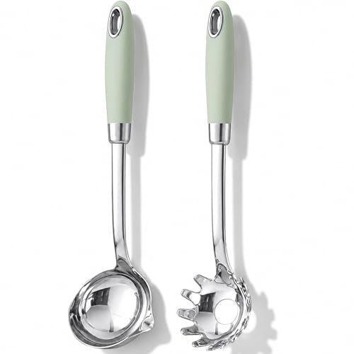 18/10 Stainless Steel Soup Ladle and Pasta Server Set, 2-Piece | Premium 18/10 stainless steel soup ladle and pasta server with ergonomic heat-resistant handles for everyday cooking. - color: Green
