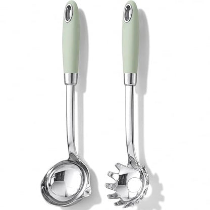 18/10 Stainless Steel Soup Ladle and Pasta Server Set, 2-Piece | Premium 18/10 stainless steel soup ladle and pasta server with ergonomic heat-resistant handles for everyday cooking. - color: Green