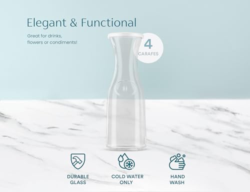 Kook Glass Carafe, Mimosa Bar Supplies, Carafe Pitchers with Lid, Glass Water Pitcher, Drink Dispensers for Parties, Tea, Wine, and Juice, Plastic Lids, Dishwasher Safe, 35 oz (set of 4) - color: Set of 4, 1 Liter