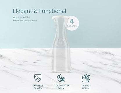 Kook Glass Carafe, Mimosa Bar Supplies, Carafe Pitchers with Lid, Glass Water Pitcher, Drink Dispensers for Parties, Tea, Wine, and Juice, Plastic Lids, Dishwasher Safe, 35 oz (set of 4) - color: Set of 4, 1 Liter