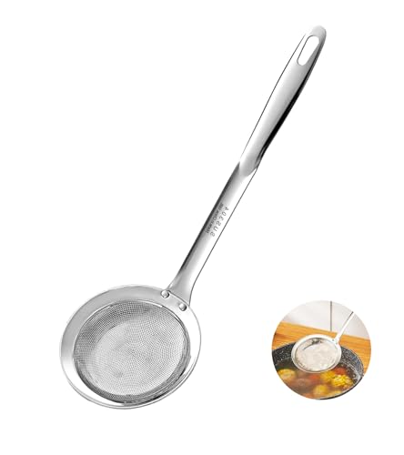 Ugotit Fat Skimmer Spoon, 304 Stainless Steel Fine Mesh Strainer, Grease Skimmer & Soup Skimmer for Hot Pot, Removing Grease, Oil Separator Kitchen Strainer Spoon for Soup Broth Asian Cooking - color: Flat Handle 4.3inch