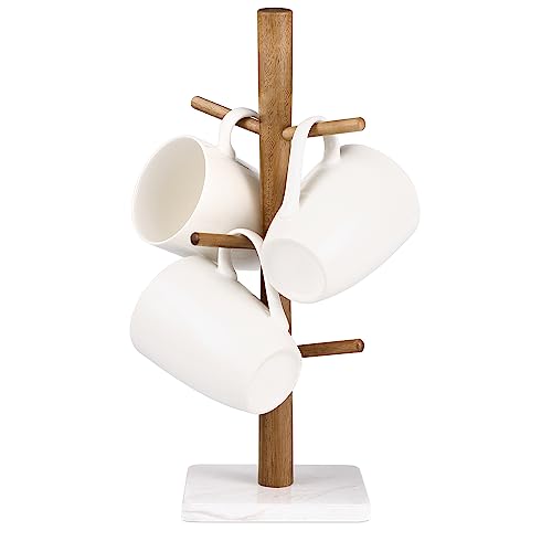 Buruis Wood Mug Holder, Marble Base Cup Rack Tree, Cup Stand Hanger, Kitchen Coffee Mug Tree Countertop Tea Cups Holder Stand, Coffee Mugs Dryer with 6 Hooks, White - color: Square base White