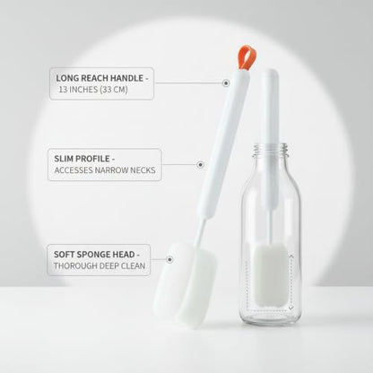 Long Handle Bottle Cleaning Brush with Soft Sponge Head for Deep Cups, Narrow Neck Bottles & Vases - 13 Inch - color: White