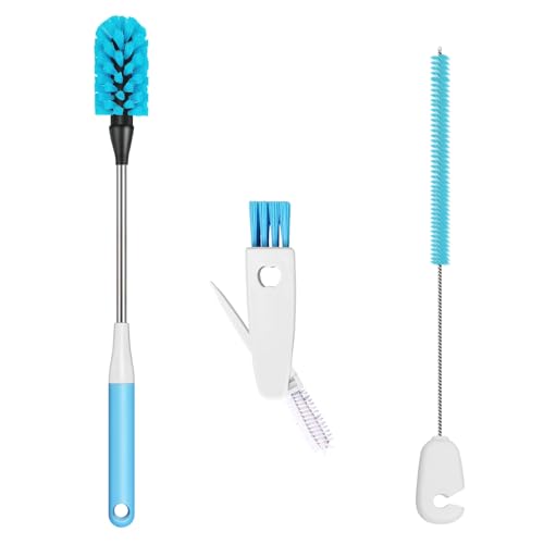 3-in-1 Bottle Brush, 15 Inches Long Handle Kitchen Water Bottle Brush, Stainless Steel Bottle Cleaner Brush with Straw Brush & Lid Brushe for Cleaning Wine Glasses,Coffee Mugs,Tumblers,Wine Decanters - color: Blue-3