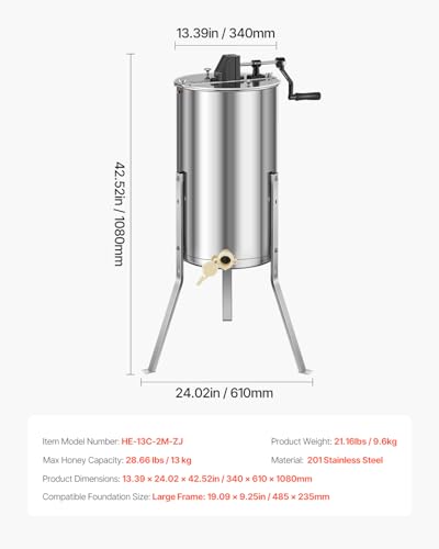 VEVOR Honey Extractor, 2 Frame Manual Honey Extractor with Transparent Lid, Stainless Steel Honeycomb Drum Spinner with Height Adjustable Stand,Honeycomb Extraction Centrifuge Equipment for Beekeeping - style: 2 Frame