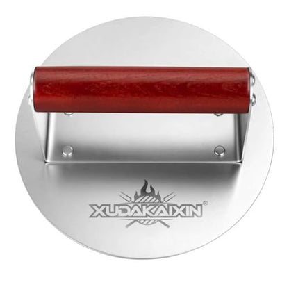 XUDAKAIXIN Stainless Steel Smash Burger Press 6.3",Hamburger Smasher Tool,BBQ Griddle Accessories for Hamburger, Steak, Meat,Perfect for Blackstone, Camp Chef, & Indoor Griddles (Round)