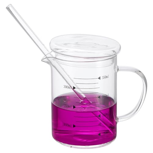 PATIKIL 350ml Glass Measuring Cup, Borosilicate Glass Beaker Graduated Liquid Measure Cups with Glass-Lid Straw V-Shaped Spout for Kitchen Drinking Restaurant, Black Printed Scale - color: Black Scale, size: 350ml
