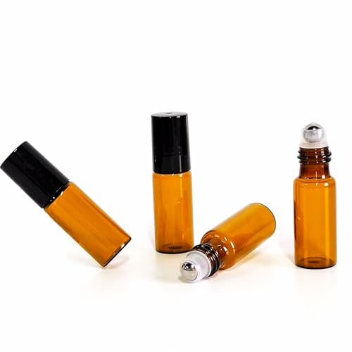 50 PCS 5ml Amber Glass Roller Bottle,Essential Oil Sample Vials with Stainless Steel Roller Ball,Black Caps,for Travel Perfume Cosmetics Small Container(2 Funnels, 2 Dropper, 1 Opener) (5ml) - size: 5ml