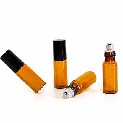 50 PCS 5ml Amber Glass Roller Bottle,Essential Oil Sample Vials with Stainless Steel Roller Ball,Black Caps,for Travel Perfume Cosmetics Small Container(2 Funnels, 2 Dropper, 1 Opener) (5ml) - size: 5ml