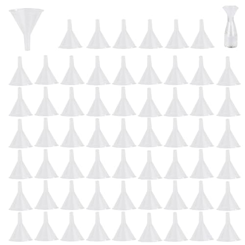60 Piece Small Clear Funnels Set - 2.5" Wide, Bulk Plastic Funnels for Bottles, Lab, Oil & More