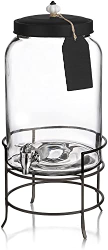 Style Setter Franklin 210235-GB 3 Gallon Glass Beverage Drink Dispensers with Metal Stand & Lid, Tag and Ceramic Knob, Clear, 20x11"