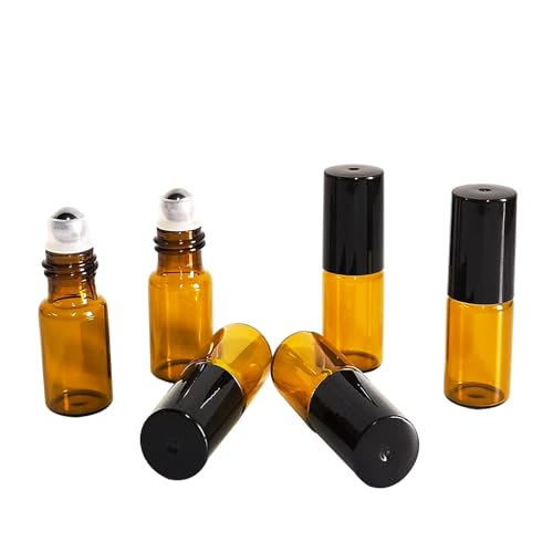50 PCS 3ml Amber Glass Roller Bottle,Essential Oil Sample Vials with Stainless Steel Roller Ball,Black Caps,for Travel Perfume Cosmetics Small Container(2 Funnels, 2 Dropper, 1 Opener) (3ml) - size: 3ml