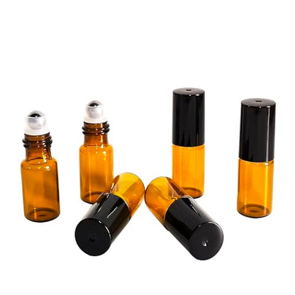 50 PCS 3ml Amber Glass Roller Bottle,Essential Oil Sample Vials with Stainless Steel Roller Ball,Black Caps,for Travel Perfume Cosmetics Small Container(2 Funnels, 2 Dropper, 1 Opener) (3ml) - size: 3ml