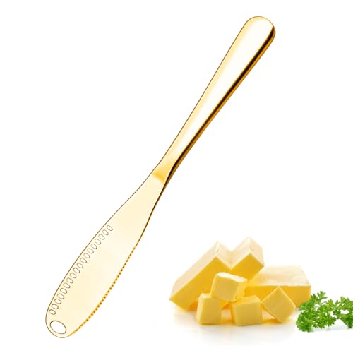 Butter Knife 1 PCS, Gold Stainless Steel Spreader with Curler & Grater Holes, Serrated Cutter Edge for Easy Slice & Spread, Ideal for Hard or Soft Butter - 3 in 1 Better Kitchen Gadgets - color: Gold