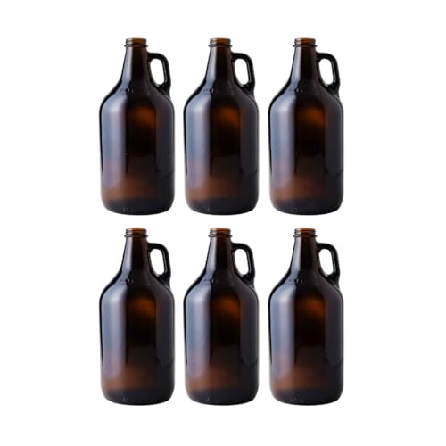 FastRack 64 oz Amber Glass Growlers (Pack of 6) | Half Gallon Beer Growler with 18 Poly Seal Caps | Reusable 1/2 Gallon Glass Jug for Homebrew, Kombucha, and Beverage Storage
