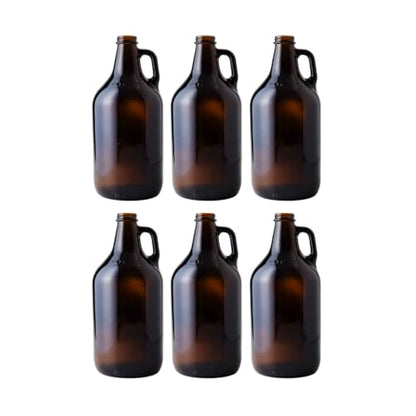 FastRack 64 oz Amber Glass Growlers (Pack of 6) | Half Gallon Beer Growler with 18 Poly Seal Caps | Reusable 1/2 Gallon Glass Jug for Homebrew, Kombucha, and Beverage Storage