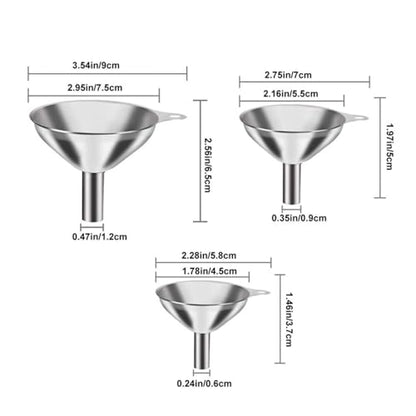 3-Piece Stainless Steel Funnel Set (Large, Medium, Small) with 2 Cleaning Brushes - Kitchen Liquid Transfer Tools for Oil, Sauce, Bottling