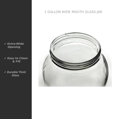 North Mountain Supply 1 Gallon Glass Jar Wide Mouth with Black Plastic Lid - USDA, BPA-Free, Made in The USA - for Fermenting, Storing, Canning, and Much More! - Case of 4