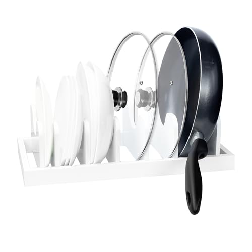 MinBoo Bamboo Pot Lid Organizer Pot Lid Holder, Pot and Pan Organizer Drawer Organizer for Pot Lids, Pans, Cutting Boards & Baking Sheets, Dinner Plates, Reusable Containers in Cabinet Storage,White - color: White