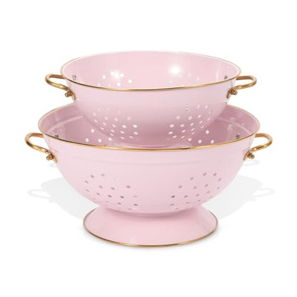 Metal Colander Set of 2, Strainer Basket with Handles 3.5 & 5 Qt Powder Coated Self-draining Solid Ring Base Metal Large Kitchen Colander Bowel for Pasta Vegetable Fruit (PINK) - color: M-PINK