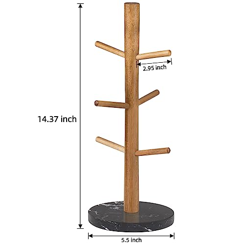 Buruis Mug Holder, Acacia Wood & Marble Base, 6 Hooks Kitchen Countertop Coffee Tea Cups Organizer - color: Round base Black