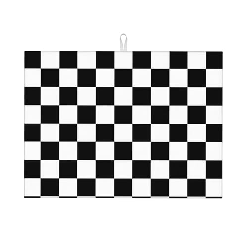 Black White Checkered Dish Drying Mat for Kitchen Counter, Coffee Bar Accessories, Retro Classic Plaid Pattern Absorbent Coffee Mat Kitchen Drying Mat Easy Clean 18" x 24" - color: Black White Race Checkered Flag Calibration Chess Grid